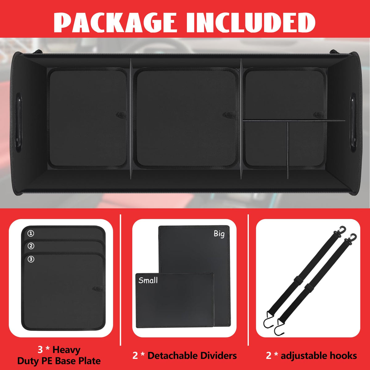 snuopfy hooks and adjustable straps attached securing organizer to trunk for stability