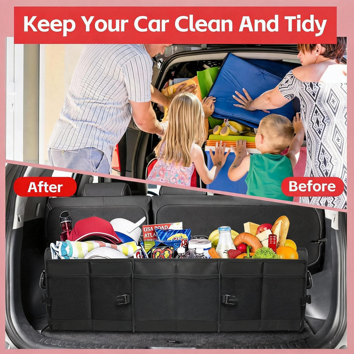 snuopfy lifestyle trunk in suv with gear inside illustrating travel-ready organization