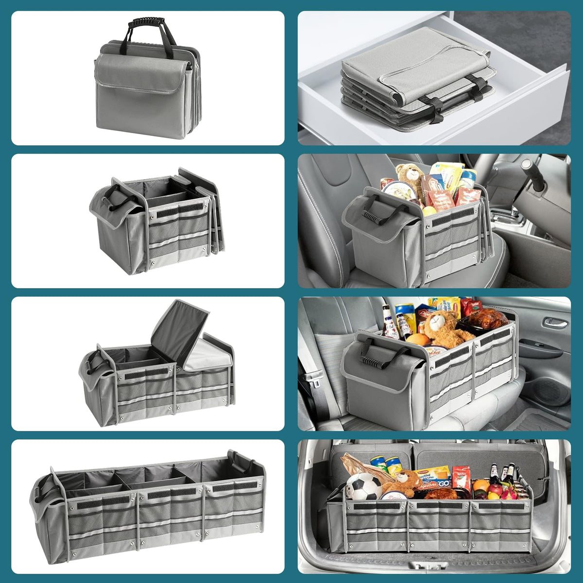 Snuopfy organizer holding groceries in trunk showing spill-prevention benefit