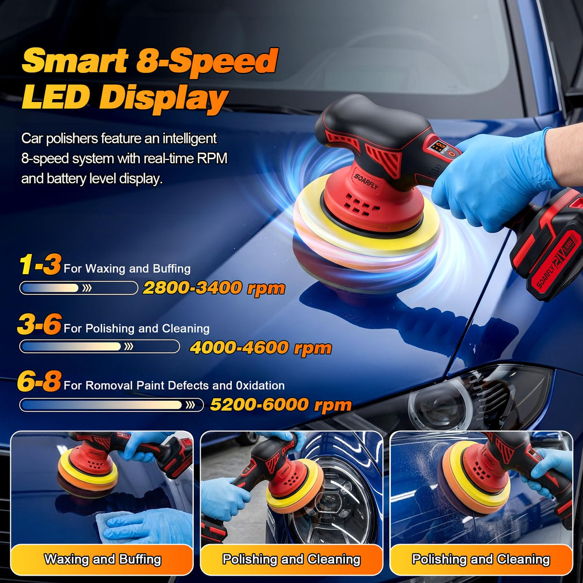 SOARFLY LED display closeup showing speed and battery level benefit