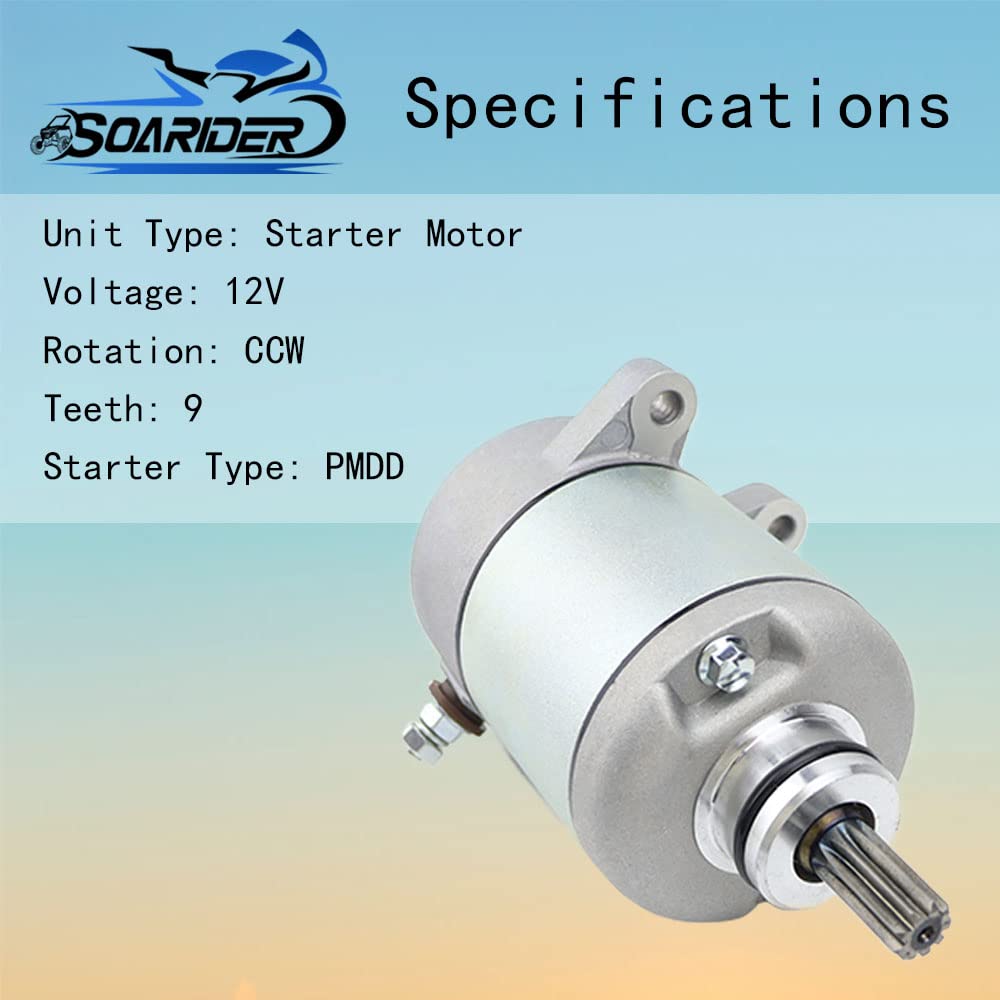 Soarider starter close-up of 9 teeth pinion ensuring proper flywheel engagement