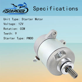 Soarider starter close-up of 9 teeth pinion ensuring proper flywheel engagement