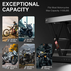 SOARSHARK lift in garage with motorcycle demonstrating stable maintenance