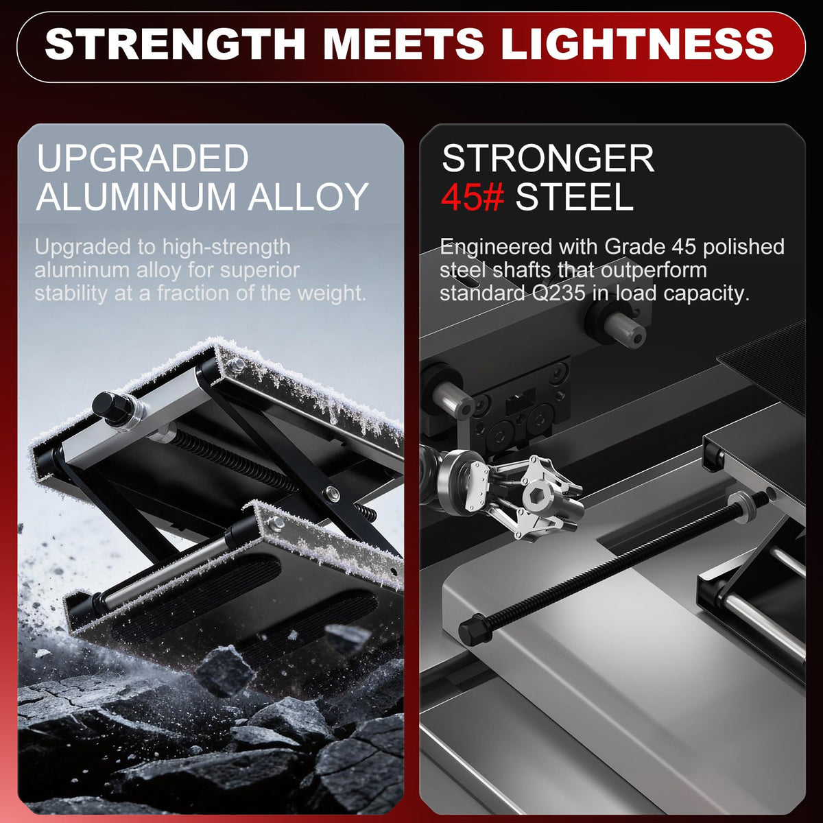 SOARSHARK reinforced scissor arms highlighting wobble reduction benefit