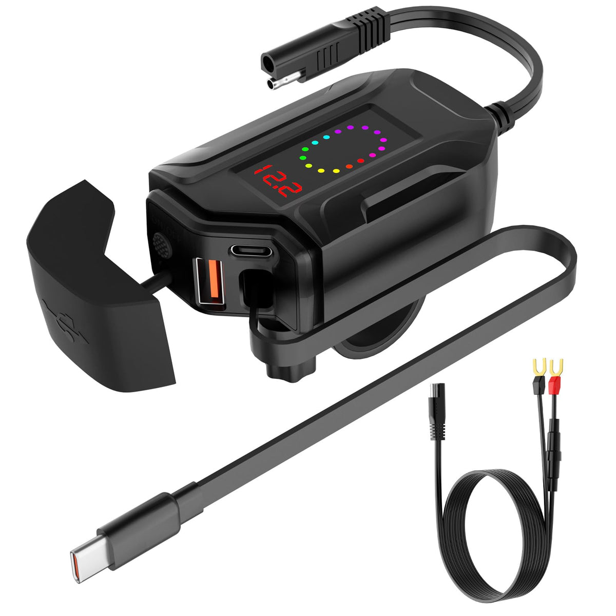 SOBMOTO front-mounted charger on bike showing compact profile and quick access