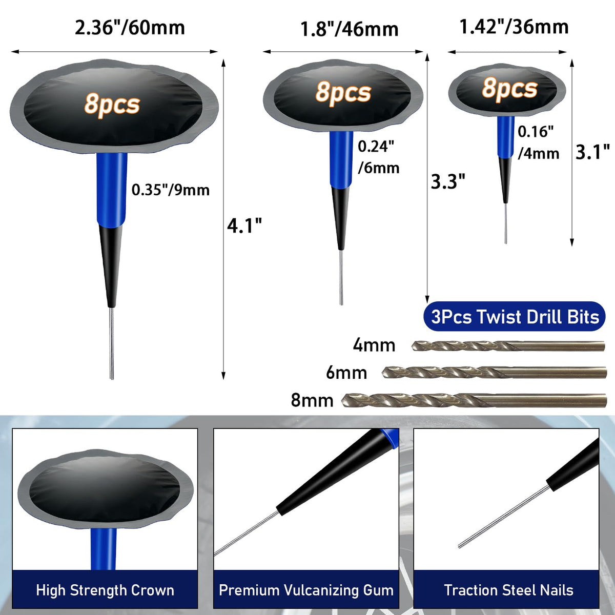 Socpuro rubber mushroom plugs in three sizes demonstrating size options