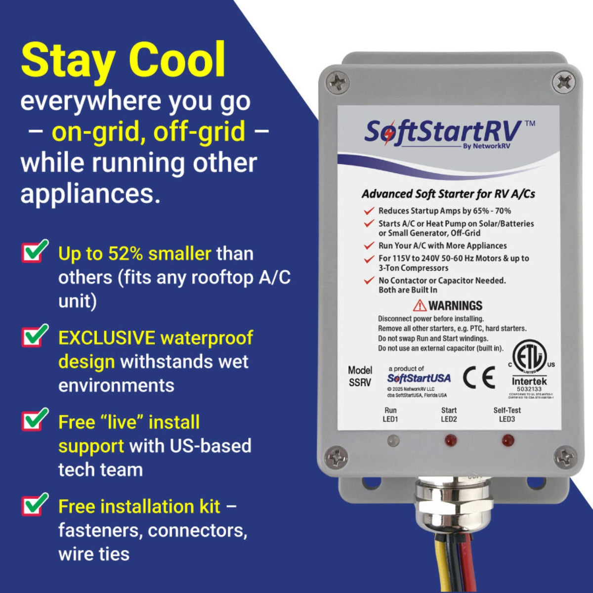 SoftStartRV beside a tape measure for scale, shows compact size fits low-profile units
