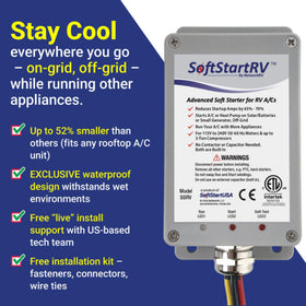 SoftStartRV beside a tape measure for scale, shows compact size fits low-profile units