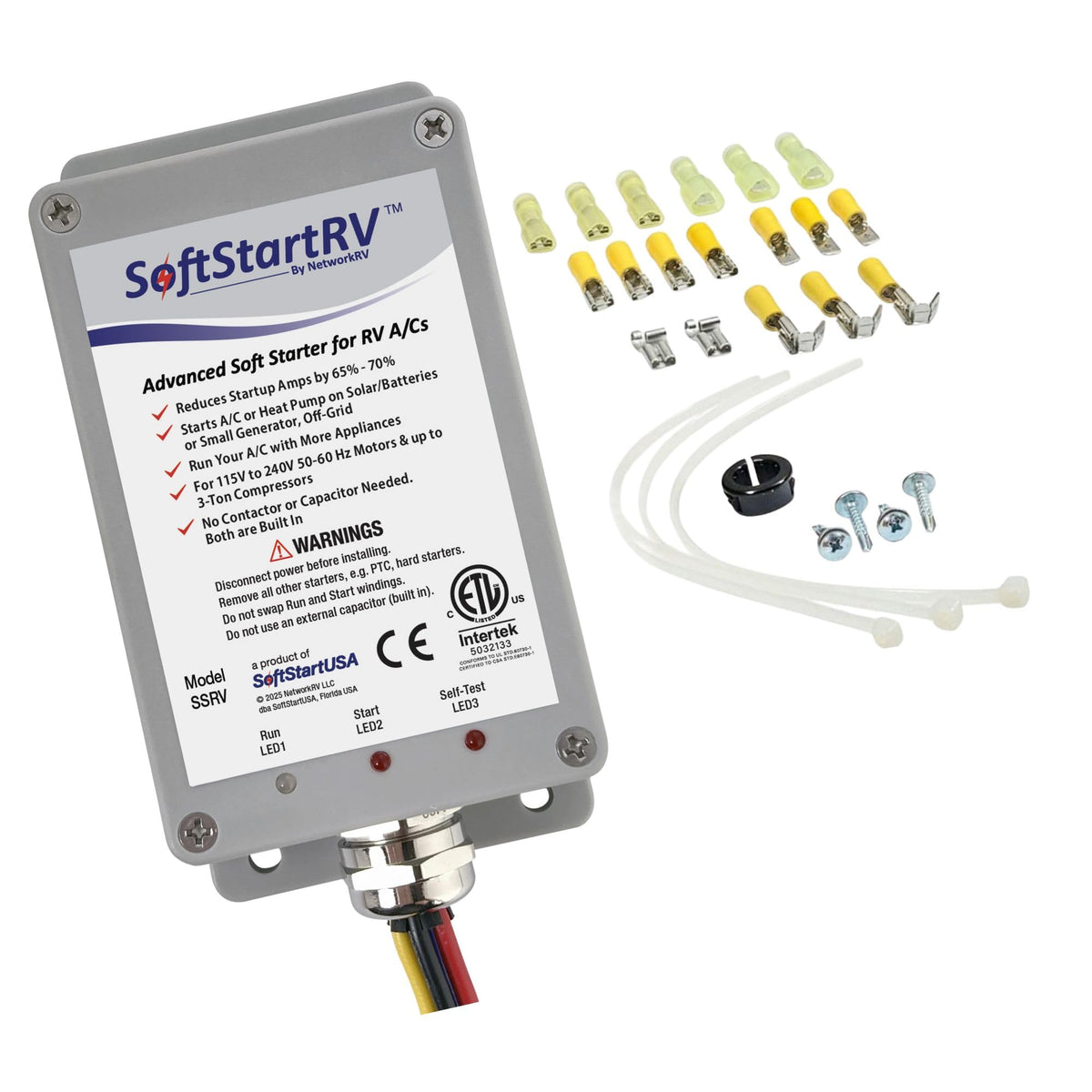 SoftStartRV front view showing compact module and branding, improves starting reliability