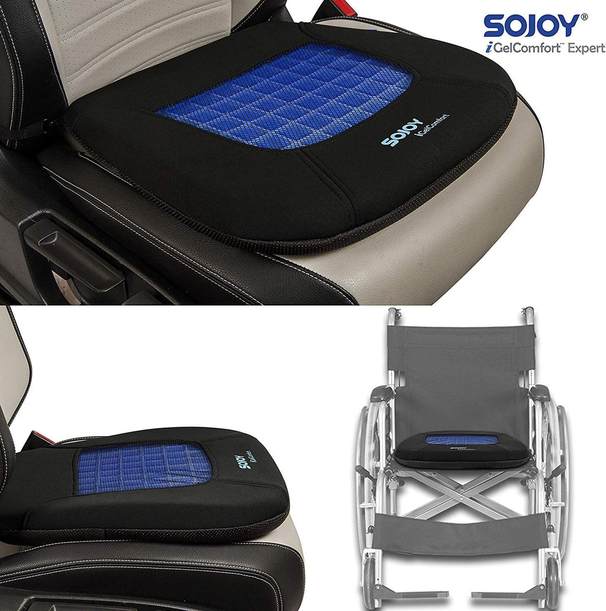 Sojoy cushion installed on car seat providing seat cooling and grip