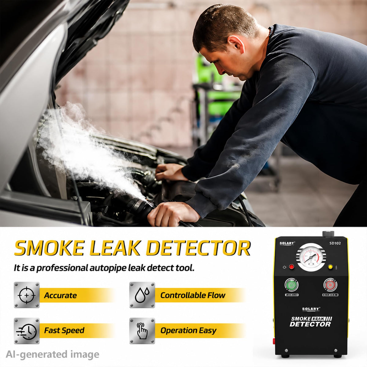 Solary SD302 producing dense smoke to visually reveal leaks in a hose connection