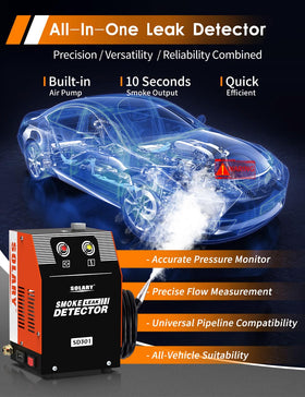 Solary smoke machine producing dense smoke into vehicle intake for immediate leak detection