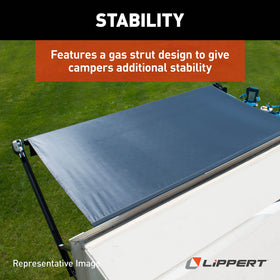 Solera gas strut detail highlighting assisted operation for smoother awning motion