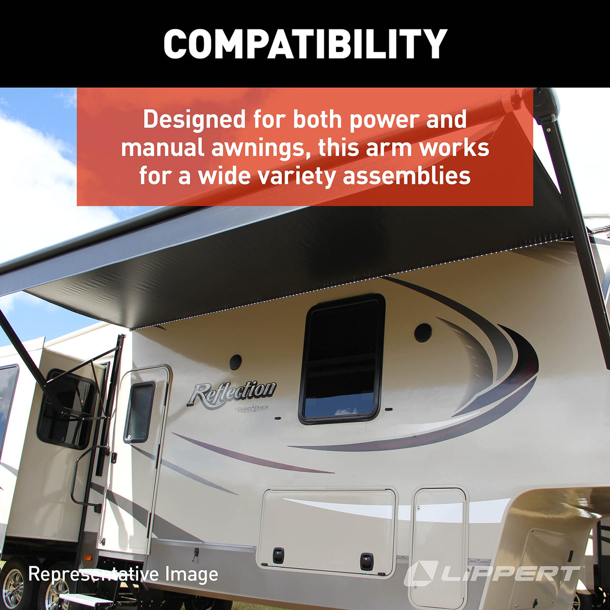 Solera support arm installed on an RV illustrating compatibility and improved stability