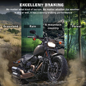 SOLLON brake pads on a Harley in motion conveying confidence and reliable stopping