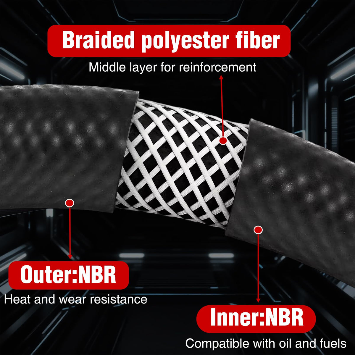 SolstitialFish hose installed in an engine bay for reliable fuel delivery