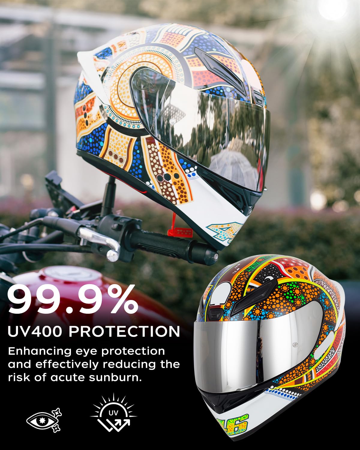 Soman visor installed on helmet showing improved sun protection and visibility