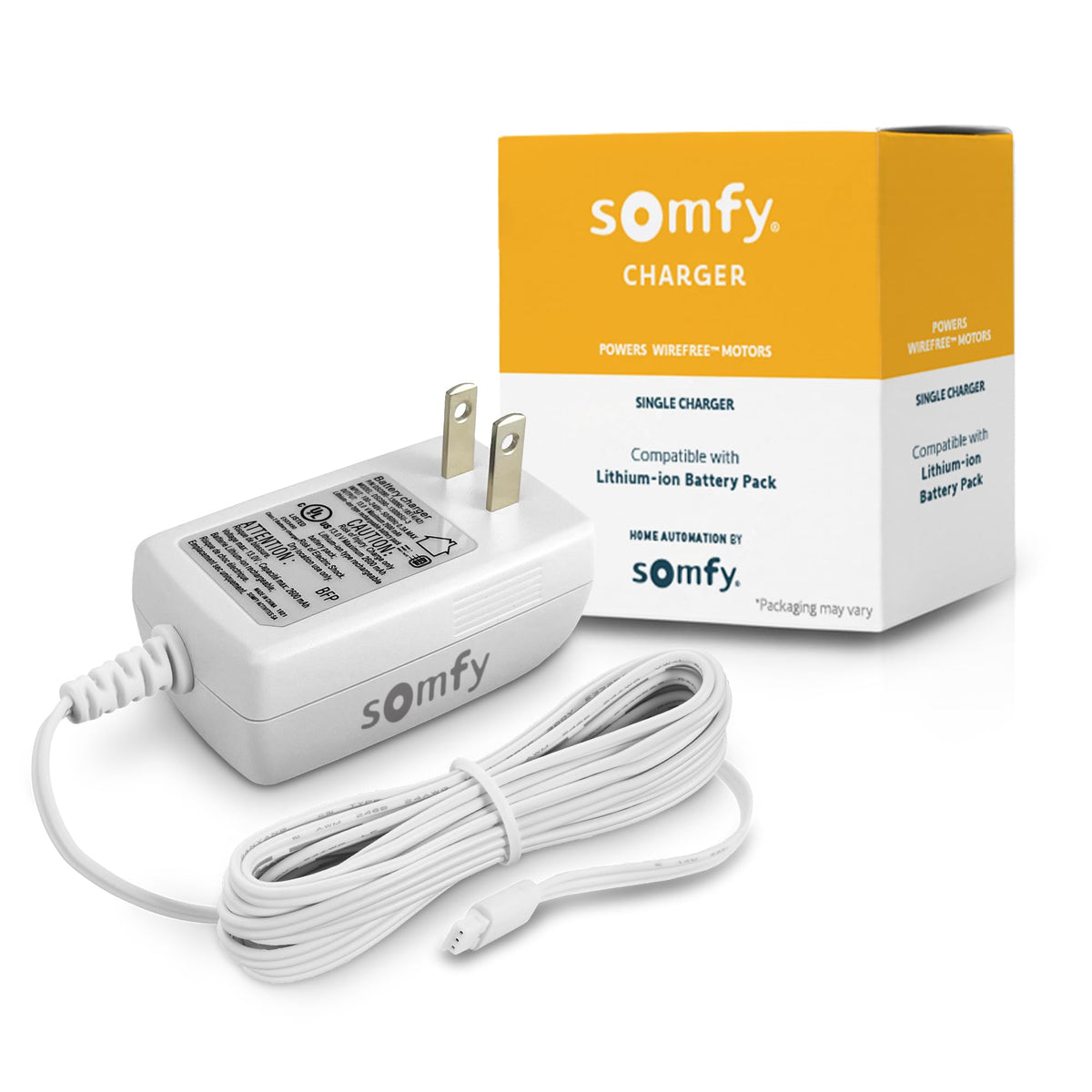 Somfy charger front view showing compact design and secure fit benefit