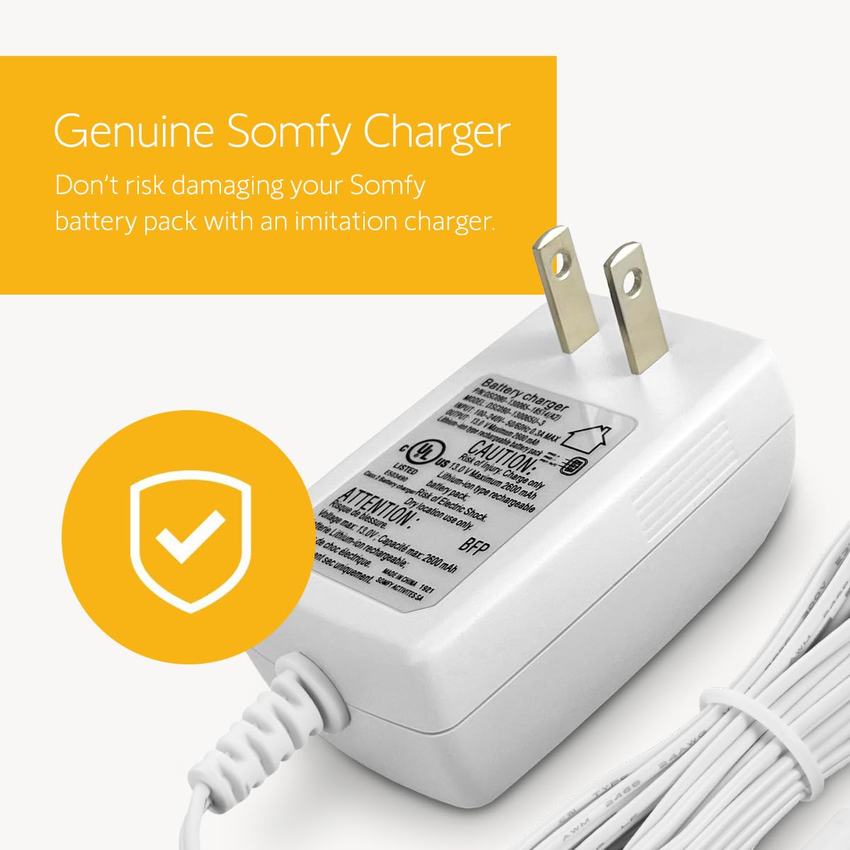 Somfy charger packaging and label showing model information and reassurance
