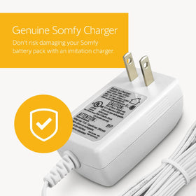 Somfy charger packaging and label showing model information and reassurance