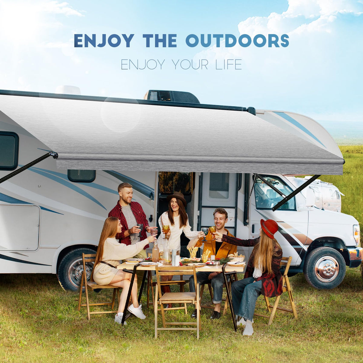 Somokg awning in campsite lifestyle scene offering comfortable shaded outdoor living