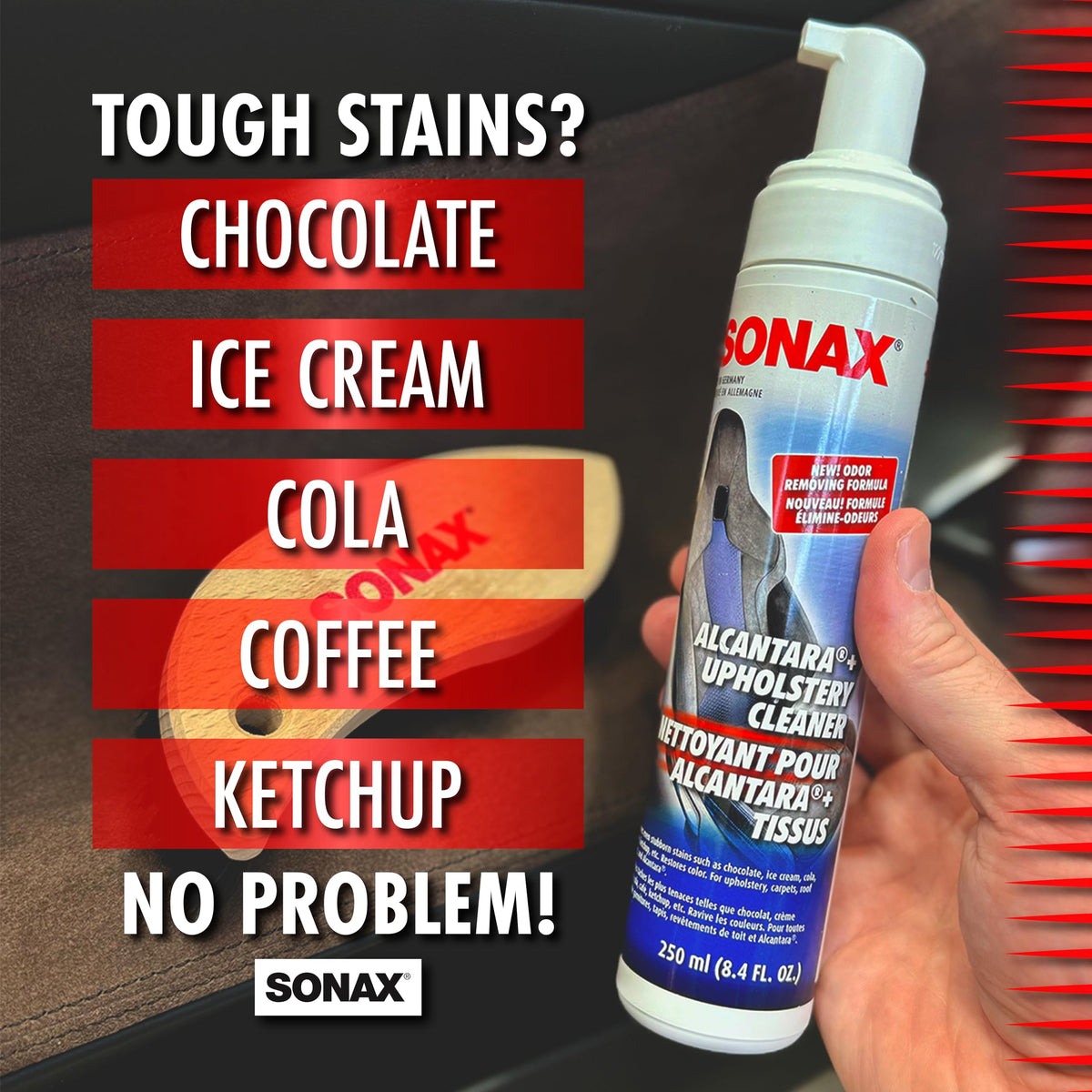 SONAX foam texture close-up demonstrating gentle lift of dirt and grime