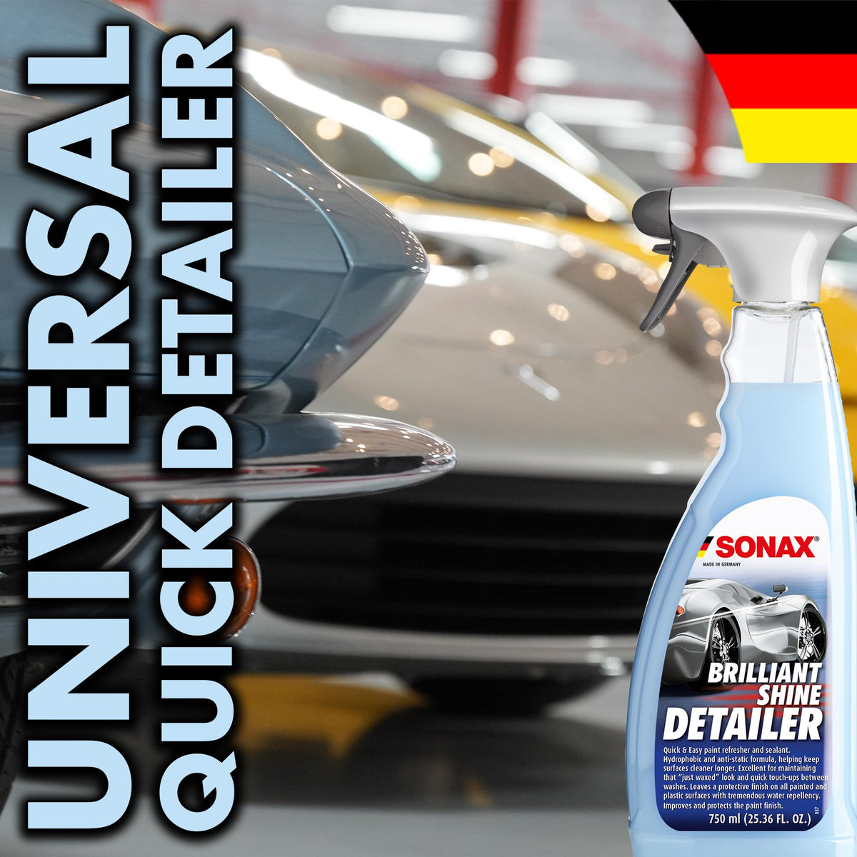 Shiny car treated with SONAX in a showroom-like setting showcasing deep gloss