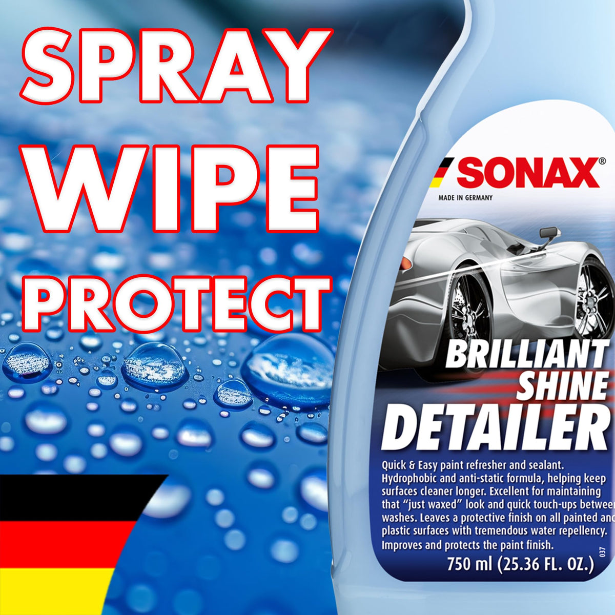 SONAX being sprayed onto paint demonstrating easy application and quick shine