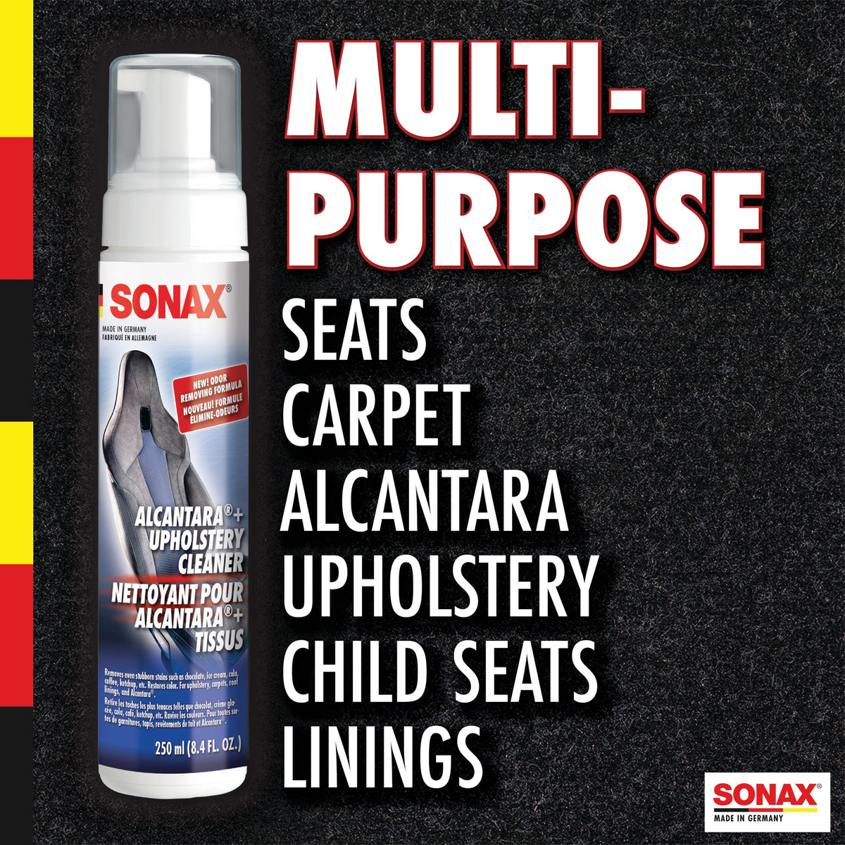 SONAX cleaner foam being applied to a car seat for effective spot removal