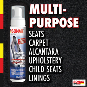 SONAX cleaner foam being applied to a car seat for effective spot removal