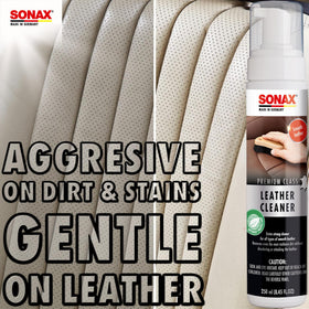 SONAX applied on perforated leather seat showing stain removal benefit
