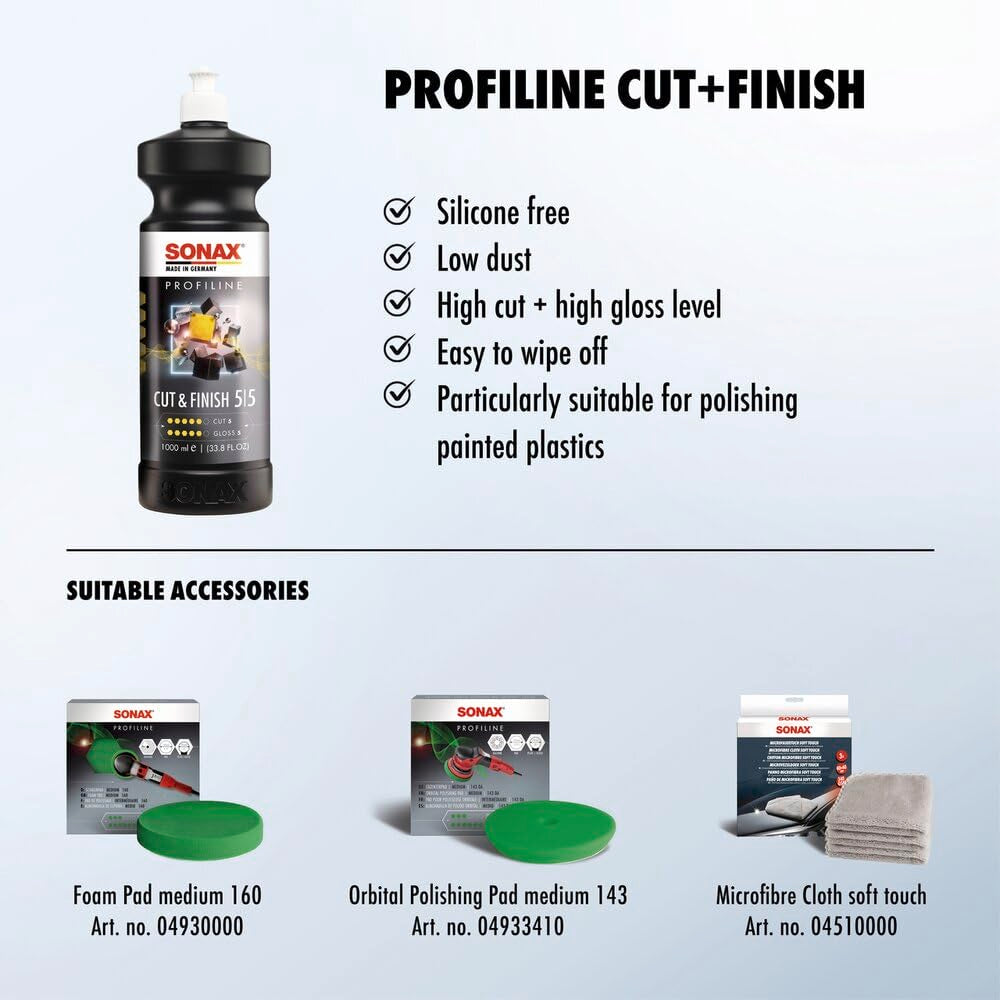 SONAX Cut & Finish on polishing pad in use highlighting efficient cutting