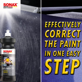 SONAX polished car panel showing restored gloss and clarity
