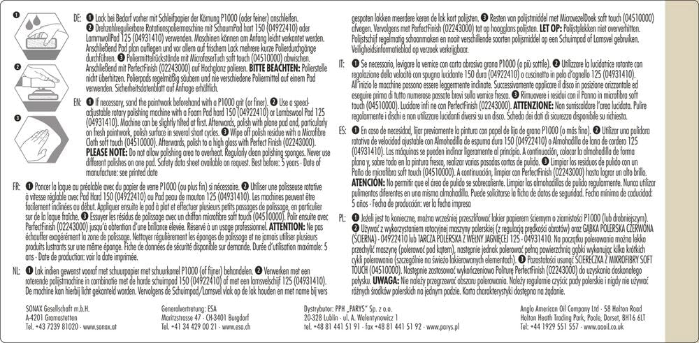 SONAX CutMax back label with ingredients and safety information benefit
