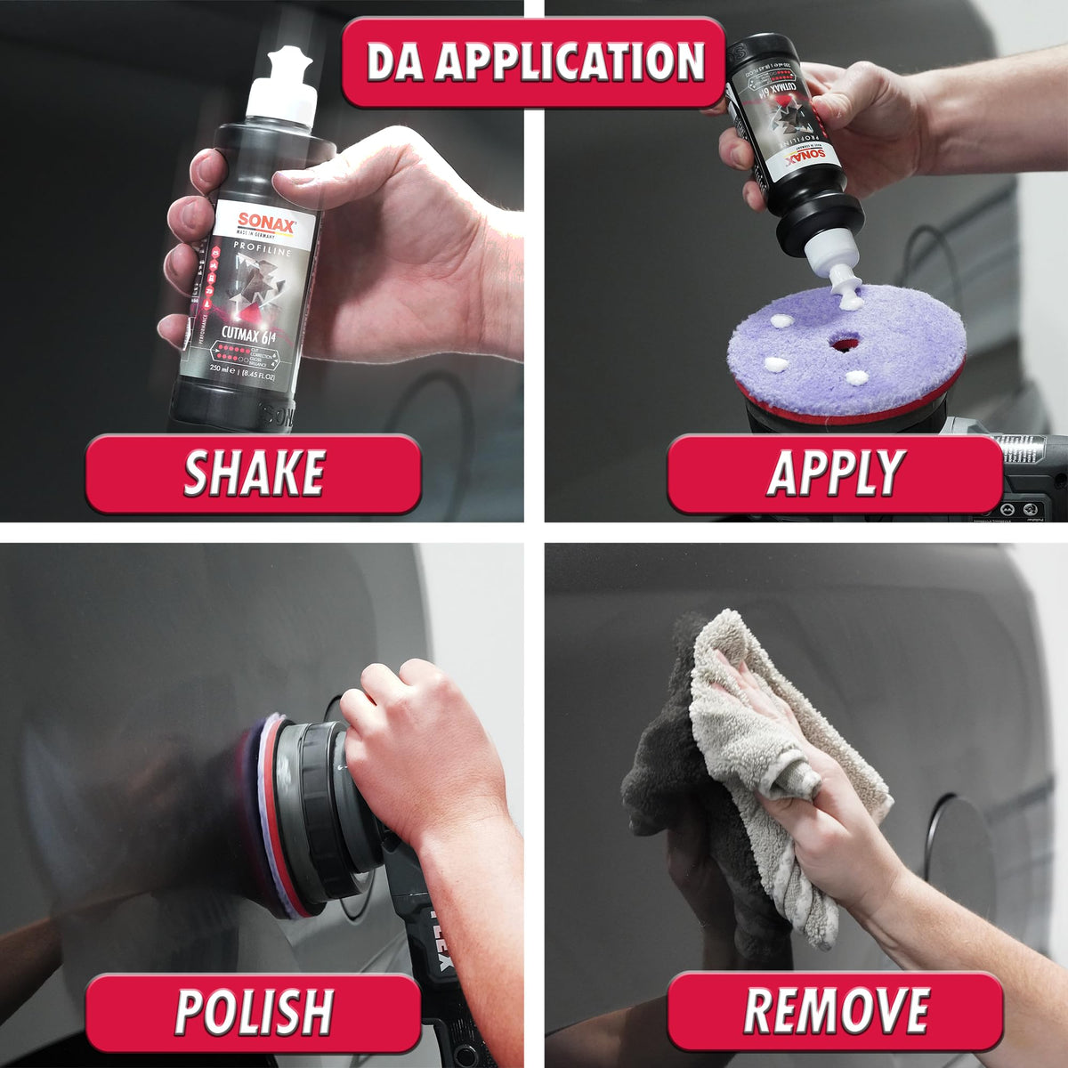 Side‑by‑side before and after with SONAX CutMax showing defect removal benefit