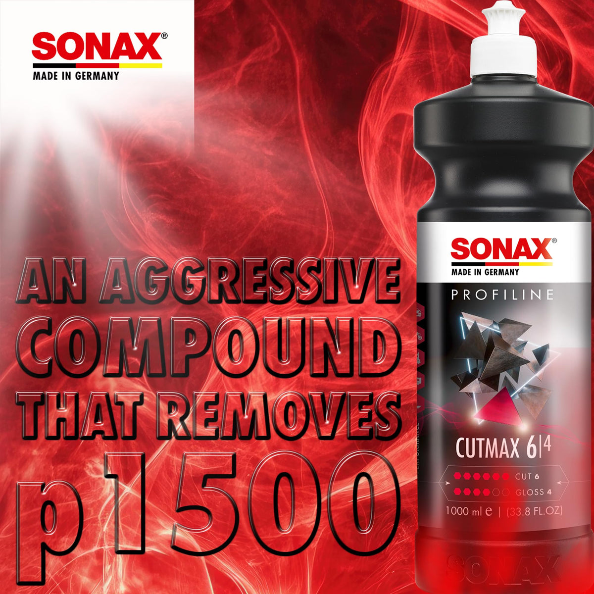 Workshop scene with SONAX CutMax ready on a bench highlighting professional use