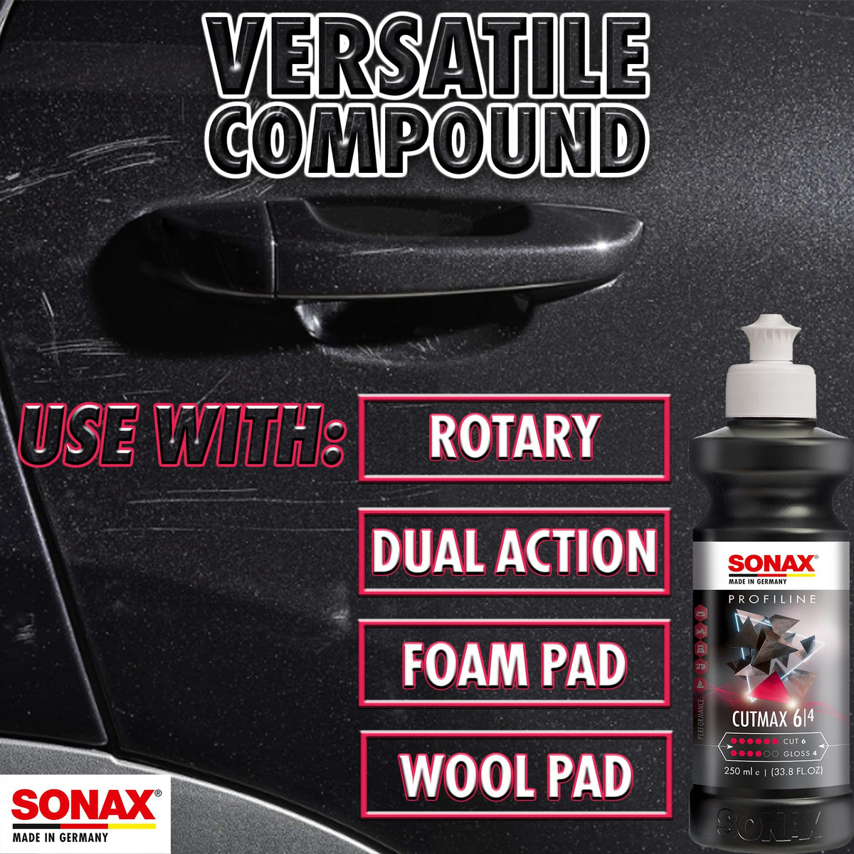 SONAX CutMax next to measuring scale indicating 1000 ml professional quantity