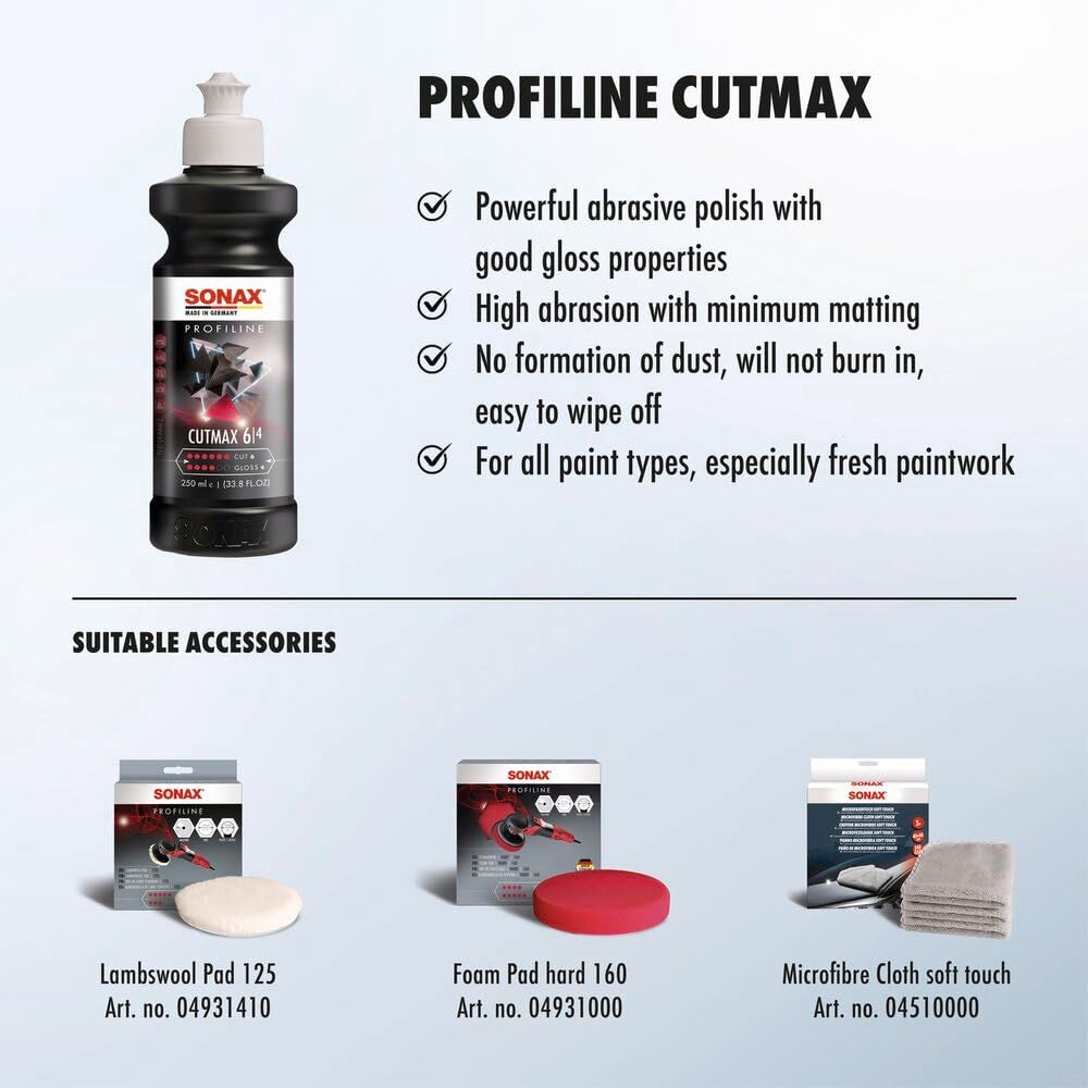 SONAX CutMax compound texture close-up highlighting smooth wipe-off benefit