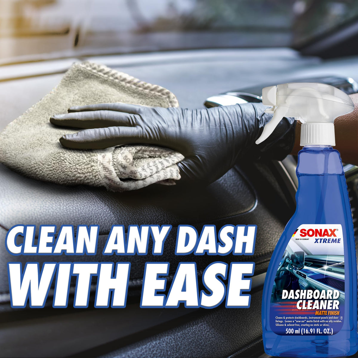 Car interior scene with SONAX on dash showing matte finish and dust-repellent benefit