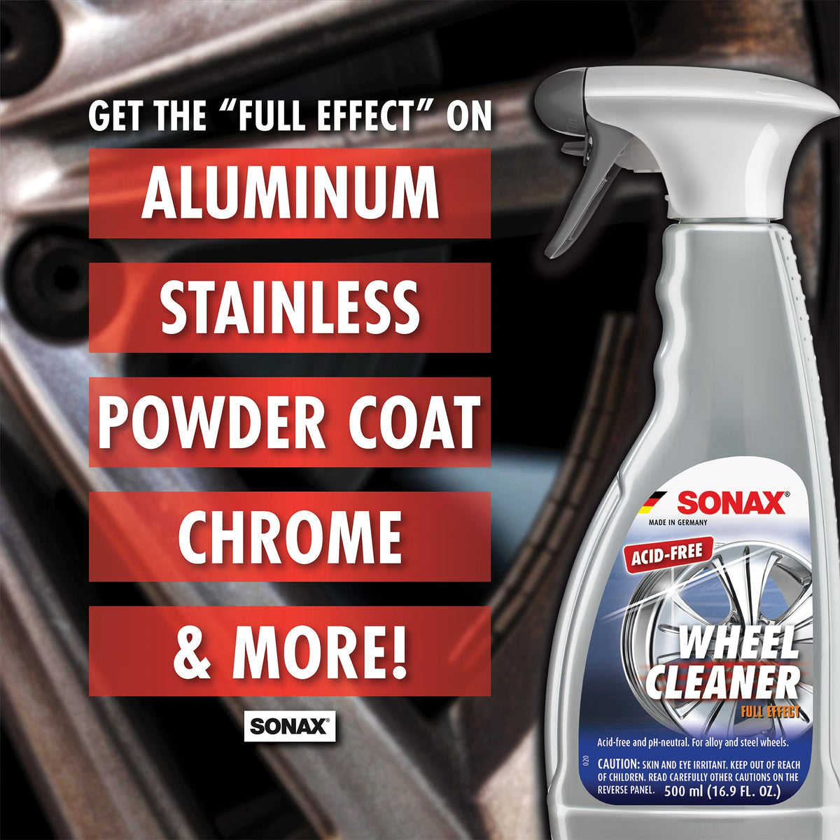 SONAX Full Effect spraying onto wheel with color change showing active cleaning