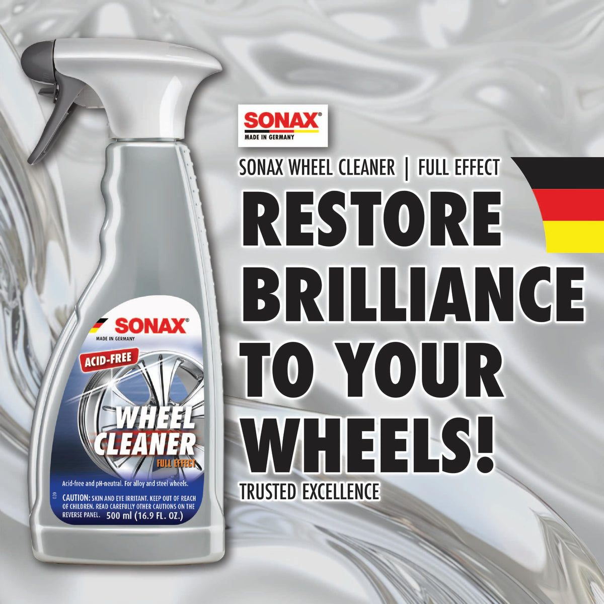 SONAX Full Effect applied to wheel and caliper demonstrating effective cleaning