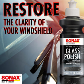 SONAX before-and-after windshield comparison showing increased visibility benefit