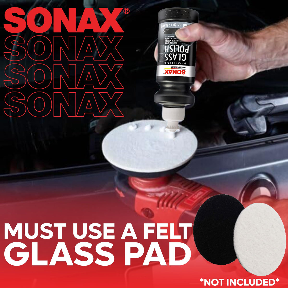 SONAX label close-up highlighting product details and clear-glass benefit