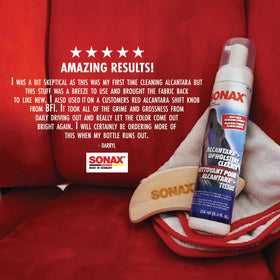 SONAX cleaned car seat interior showing refreshed fabric and neutralized odor