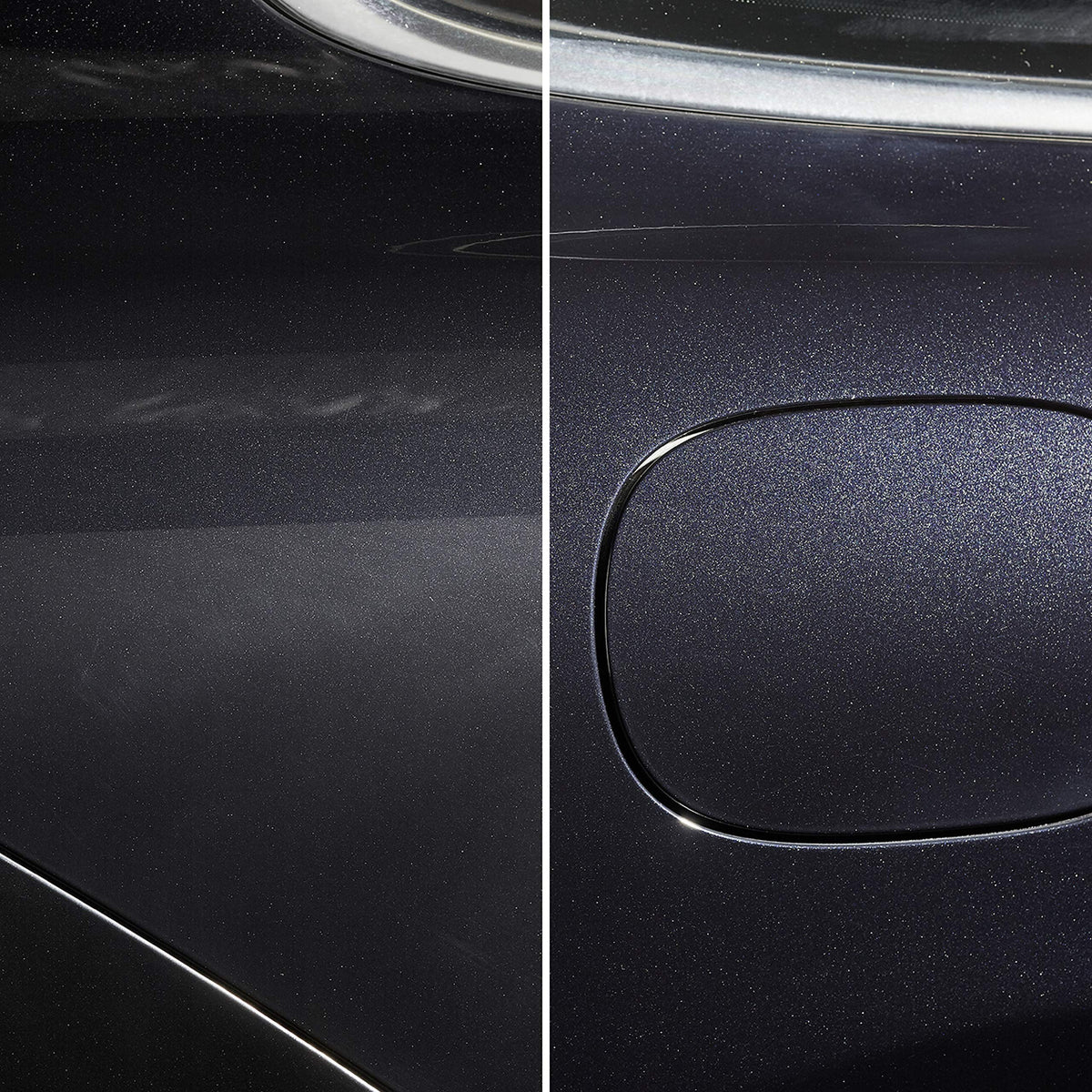SONAX before-and-after on black paint illustrating enhanced clarity and hologram-free shine
