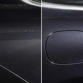SONAX before-and-after on black paint illustrating enhanced clarity and hologram-free shine