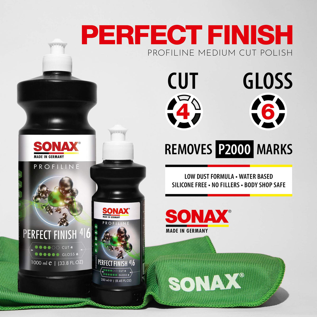 SONAX polish poured to show creamy texture and spreadability for even machine application