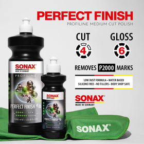 SONAX polish poured to show creamy texture and spreadability for even machine application
