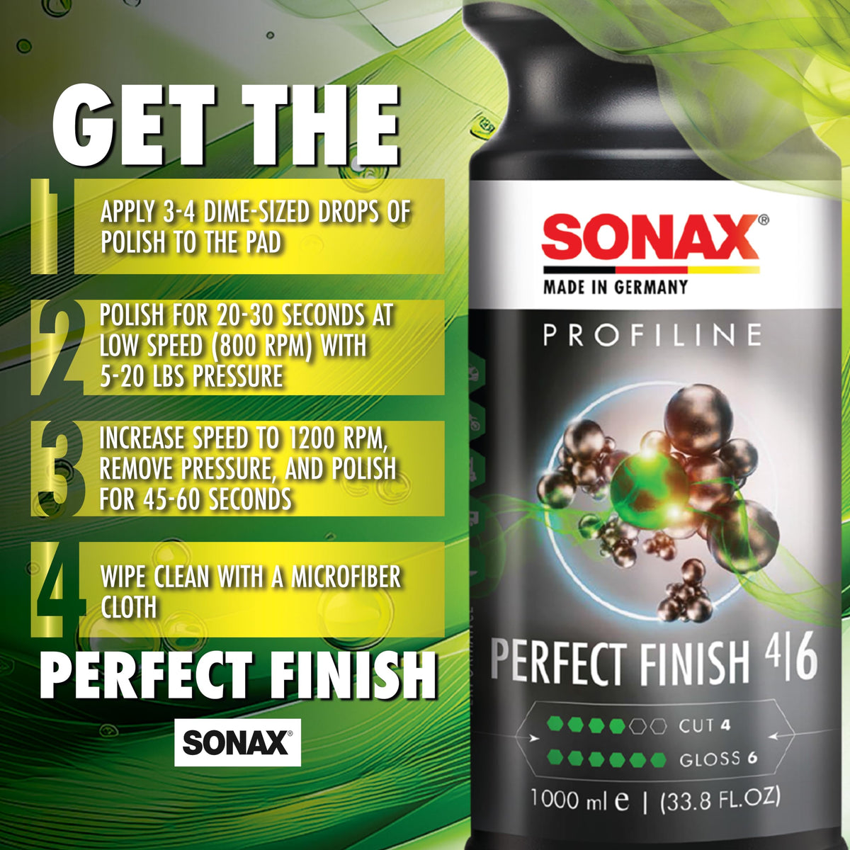 SONAX bottle next to measuring scale showing 1000 ml capacity for multiple jobs