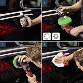SONAX Perfect Finish next to a tape measure to show 250ml scale, practical size reference